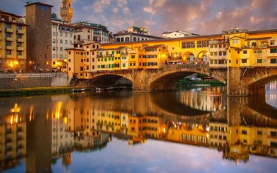 Florence, evening, sunset, River Arno, Ponte Vecchio, stone bridge, Florence landmark, Florence cityscape, Italy, Florence architecture