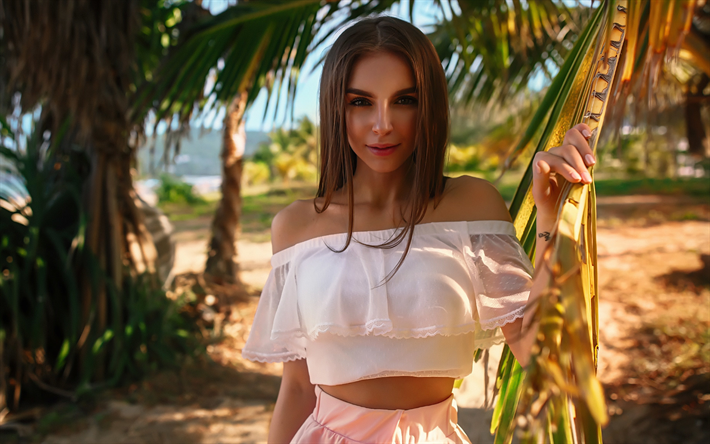 Galina Dubenenko, palms, photomodels, beauty, brunette, beach