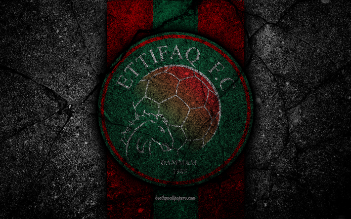Al-Ettifaq FC, 4k, emblem, Saudi Professional League, soccer, asphalt texture, Saudi Arabia, logo, Dammam, black stone, football, FC Al-Ettifaq
