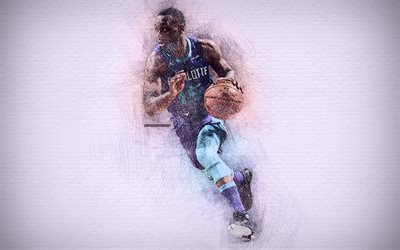 Kemba Walker, 4k, opere d&#39;arte, stelle di basket, Charlotte Hornets, NBA, basket, disegno Kemba Walker