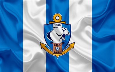 Deportes Antofagasta, CD-Antofagasta, 4k, Chilen football club, silkki tekstuuri, logo, sininen valkoinen lippu, tunnus, Chilen Primera Division, Antofagasta, Chile, jalkapallo