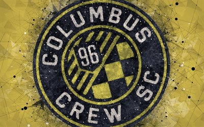 Columbus Crew SC, 4k, Amerikansk fotboll club, logotyp, kreativa geometriska art, gul abstrakt bakgrund, emblem, konst, MLS, Columbus, Ohio, USA, Major League Soccer, fotboll
