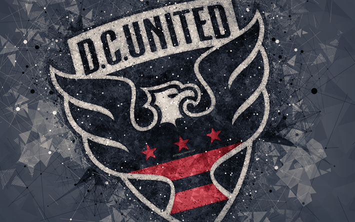 DC United, 4k, American soccer club, logo, luova geometrinen art, harmaa abstrakti tausta, tunnus, art, MLS, Washington, USA, Major League Soccer, jalkapallo