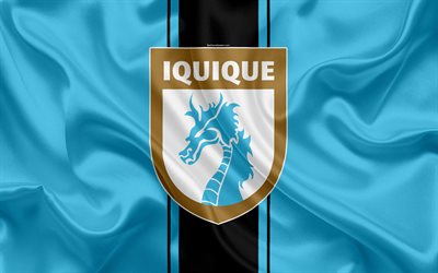 クラブDeportes Iquique, 4k, チリのサッカークラブ, シルクの質感, ロゴ, 青ブラックフラッグ, エンブレム, チリPrimera部門, Iquique, チリ, サッカー, Deportes Iquique FC