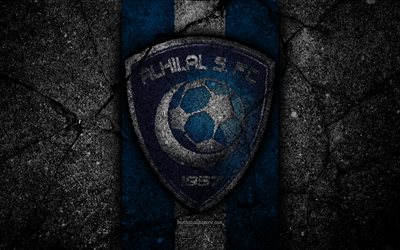 Al-Hilal FC, 4k, emblem, Saudi Professional League, soccer, asphalt texture, Saudi Arabia, logo, Riyadh, black stone, football, FC Al-Hilal