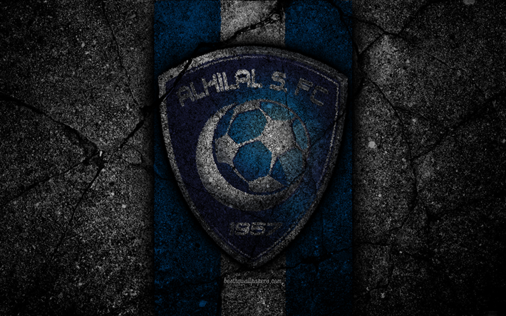 Al-Hilal FC, 4k, شعار, دوري المحترفين السعودي لكرة القدم, كرة القدم, الأسفلت الملمس, المملكة العربية السعودية, الرياض, الحجر الأسود, نادي الهلال