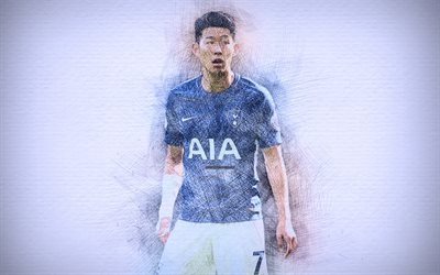 Son Heung-min, 4k, konstverk, fotboll stj&#228;rnor, Tottenham Hotspur, fotboll, Premier League, fotbollsspelare, ritning Son Heung-min, Tottenham
