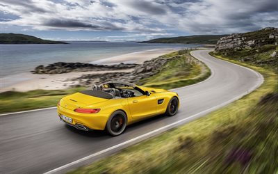 Mercedes-AMG GT S Roadster, 2019, giallo cabriolet di lusso, 4k, vista posteriore, esterno, coup&#233; sportiva, giallo nuova GT S Roadster, supercar, auto tedesche, Mercedes-Benz