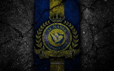 Al-Nassr FC, 4k, emblem, Saudi Professional League, soccer, asphalt texture, Saudi Arabia, logo, Riyadh, black stone, football, FC Al-Nassr