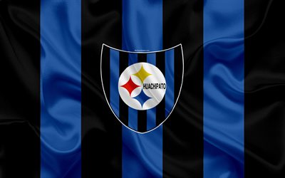 Huachipato FC, 4k, Chilean football club, silk texture, logo, blue black flag, emblem, Chilean Primera Division, Talcahuano, Chile, football