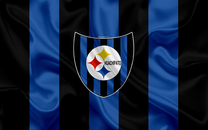 Huachipato FC, 4k, Chilena de futebol do clube, textura de seda, logo, preto azul bandeira, emblema, Chileno Primera Divis&#227;o, Talcahuano, Chile, futebol