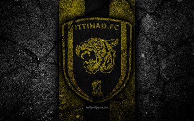 Al-Ittihad FC, 4k, emblem, Saudi Professional League, soccer, asphalt texture, Saudi Arabia, logo, Jeddah, black stone, football, FC Al-Ittihad
