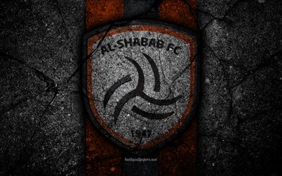 Al-Shabab FC, 4k, amblem, Suudi Arabistan Profesyonel Ligi, futbol, asfalt doku, Suudi Arabistan, logo, Riyad, siyah taş, FC Al-Shabab