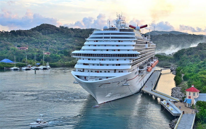 Carnival Magic, white luxury ship, bay, dock, morning, sunrise, Dream-class cruise ship