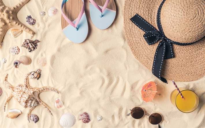 beach, sand, beach accessories, summer travel concepts, beach hat, seashells