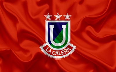 CD Uni&#243;n La Calera, 4k, el Chileno club de f&#250;tbol de la textura de seda, logotipo, bandera roja, emblema de Chile de la Primera Divisi&#243;n, de La Calera, Chile, f&#250;tbol