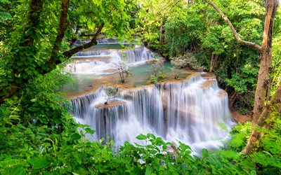 la selva tropical, cascada, r&#237;o, Tailandia, turismo, hermosas cascadas, verano