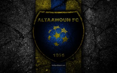 Al-Taawoun FC, 4k, emblem, Saudi Professional League, soccer, asphalt texture, Saudi Arabia, logo, Buraidah, black stone, football, FC Al-Taawoun