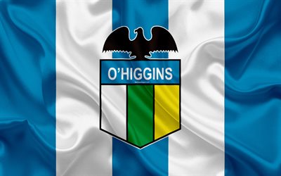 OHiggins FC, 4k, Cileni football club, seta, trama, logo, blu, bianco, bandiera, emblema del cile Primera Division, Rancagua, Cile, calcio, Club Deportivo OHiggins