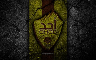 Ohod FC, 4k, emblem, Saudi Professional League, soccer, asphalt texture, Saudi Arabia, logo, Medina, black stone, football, FC Ohod