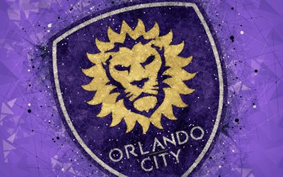 Orlando City SC, 4k, American soccer club, logo, creative geometric art, violet abstract background, emblem, art, MLS, Orlando, Florida, USA, Major League Soccer, football