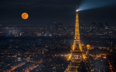 Eyfel Kulesi, gece, ay, Paris, Fransa, şehir ışıkları