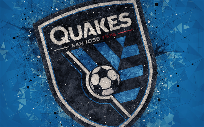 San Jose Earthquakes, 4k, American football club, logo, cr&#233;atrice d&#39;art g&#233;om&#233;trique, abstrait bleu fond, de l&#39;embl&#232;me de l&#39;art, de la MLS, San Jose, Californie, etats-unis, de la Ligue Majeure de Soccer, de football