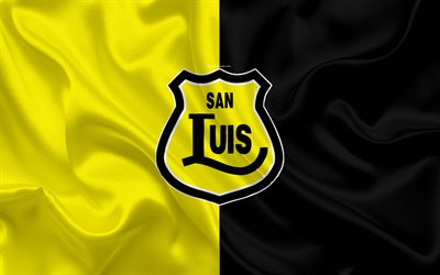 CD San Luis de Quillota, 4k, Chilen football club, silkki tekstuuri, logo, musta ja keltainen lippu, tunnus, Chilen Primera Division, Kiloata, Chile, jalkapallo, San Luis FC