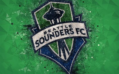 Seattle Sounders FC, 4k, American soccer club, logo, creative geometric art, green abstract background, emblem, art, MLS, Seattle, Washington, USA, Major League Soccer, football