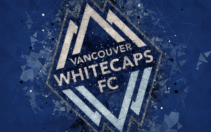 Vancouver Whitecaps FC, 4k, Canadian soccer club, logo, luova geometrinen art, sininen abstrakti tausta, tunnus, art, MLS, Vancouver, Kanada, USA, Major League Soccer, jalkapallo