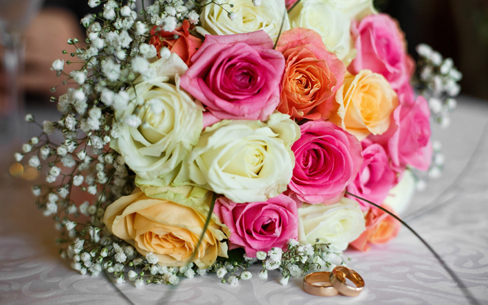 wedding concepts, bridal bouquet, white roses, wedding gold rings, pink roses, wedding bouquet