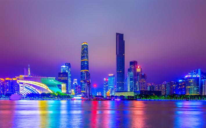 Shanghai, y&#246;, pilvenpiirt&#228;ji&#228;, moderni kaupunki, bay, moderni arkkitehtuuri, megapois, kaupunkikuva, Kiina