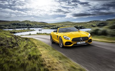 Mercedes-AMG GT S Roadster, 2019, exterior, 4k, front view, racing car, new yellow GT S Roadster, German cars, yellow cabriolet, Mercedes