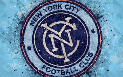 new york city fc, 4k, american soccer club, logo, kreative geometrischer kunst blaue abstrakte hintergrund, emblem, art, mls, new york, usa, major league soccer, fu&#223;ball