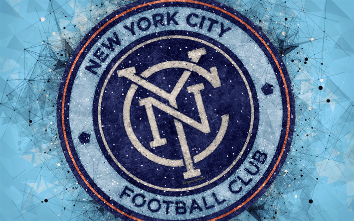 New York City FC, 4k, American soccer club, logo, luova geometrinen art, sininen abstrakti tausta, tunnus, art, MLS, New York, USA, Major League Soccer, jalkapallo