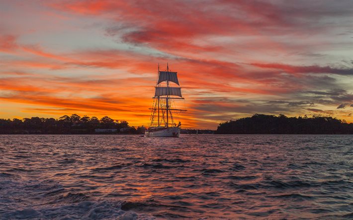 big white sailboat, evening, sunset, white ship, sailboat, waves