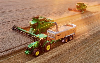 John Deere T560i, John Deere T670i, John Deere 7250R, 4k, combine harvester, 2021 combines, wheat harvest, 2021 tractors, harvesting concepts, agriculture concepts, John Deere