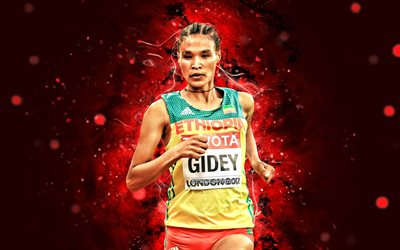 Letesenbet Gidey, 4k, luci al neon rosse, corridore etiope a lunga distanza, atleta, Nazionale USA, creativo, atletica leggera, Letesenbet Gidey 4K