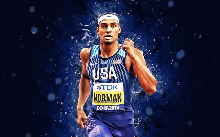 Michael Norman, 4k, luci al neon blu, velocista americano, atleta, Nazionale USA, Michael Arthur Norman Jr, atletica leggera, Michael Norman 4K