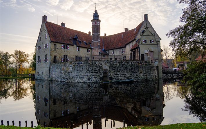 Castello di Vischering, castello medievale, sera, tramonto, castelli di Germania, punto di riferimento, Ludinghausen, Germania