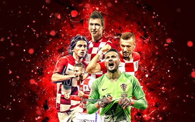 Mario Mandzukic, Luka Modric, Nikola Vlasic, Danijel Subasic, Ivan Perisic, 4k, Kroatian jalkapallomaajoukkue, jalkapallo, jalkapalloilijat, punaiset neonvalot, Kroatian jalkapallojoukkue
