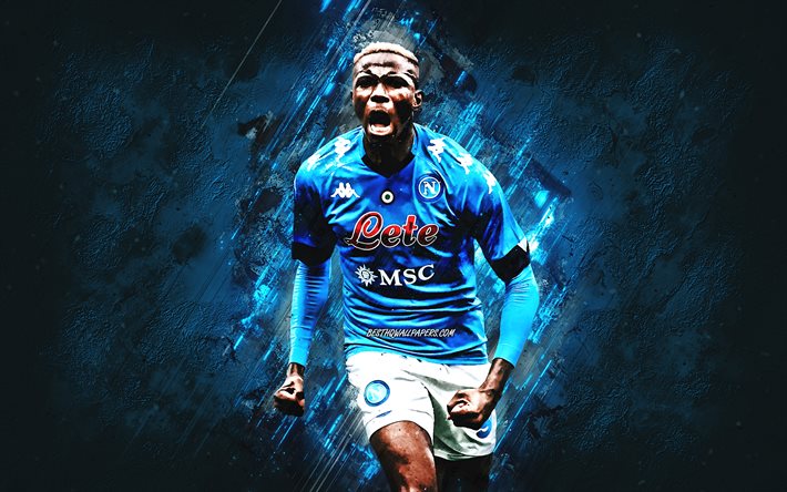 Victor Osimhen, Napoli, Nigerian footballer, portrait, blue stone background, Serie A, Italy, football