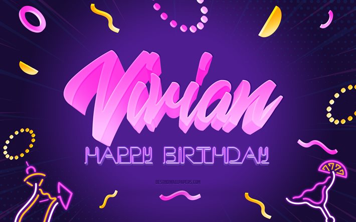 お誕生日おめでとうビビアン, 4k, 紫のパーティーの背景, ヴィヴィアン, クリエイティブアート, ビビアンの誕生日おめでとう, ビビアン名, ビビアンの誕生日, 誕生日パーティーの背景