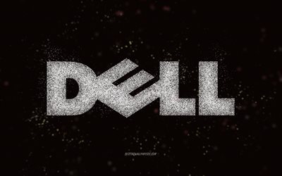 Logo Dell con glitter, sfondo nero, logo Dell, grafica con glitter bianchi, Dell, arte creativa, logo con glitter bianco di Dell