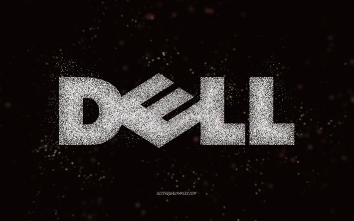 Dell glitter logo, black background, Dell logo, white glitter art, Dell, creative art, Dell white glitter logo