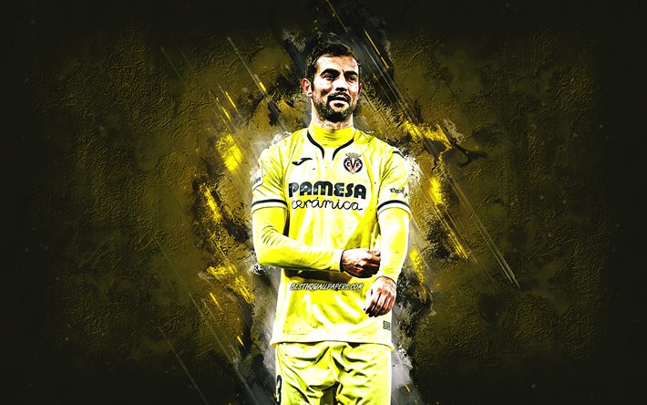 Raul Albiol, Villarreal CF, footballeur espagnol, Raul Albiol art, fond de pierre jaune, La Liga, football, Villarreal