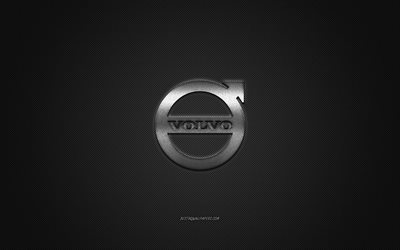 Volvo logo, silver logo, gray carbon fiber background, Volvo metal emblem, Volvo, cars brands, creative art
