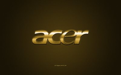 acer logo, gold carbon hintergrund, acer metall logo, acer gold emblem, acer, gold carbon textur