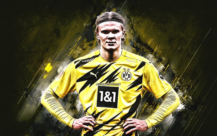 Erling Braut Haland, Borussia Dortmund, portre, sarı taş arka plan, Bundesliga, futbol, Almanya