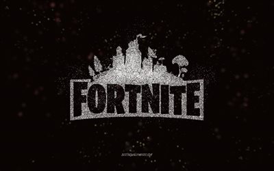 Fortnite glitter logo, black background, Fortnite logo, white glitter art, Fortnite, creative art, Fortnite white glitter logo